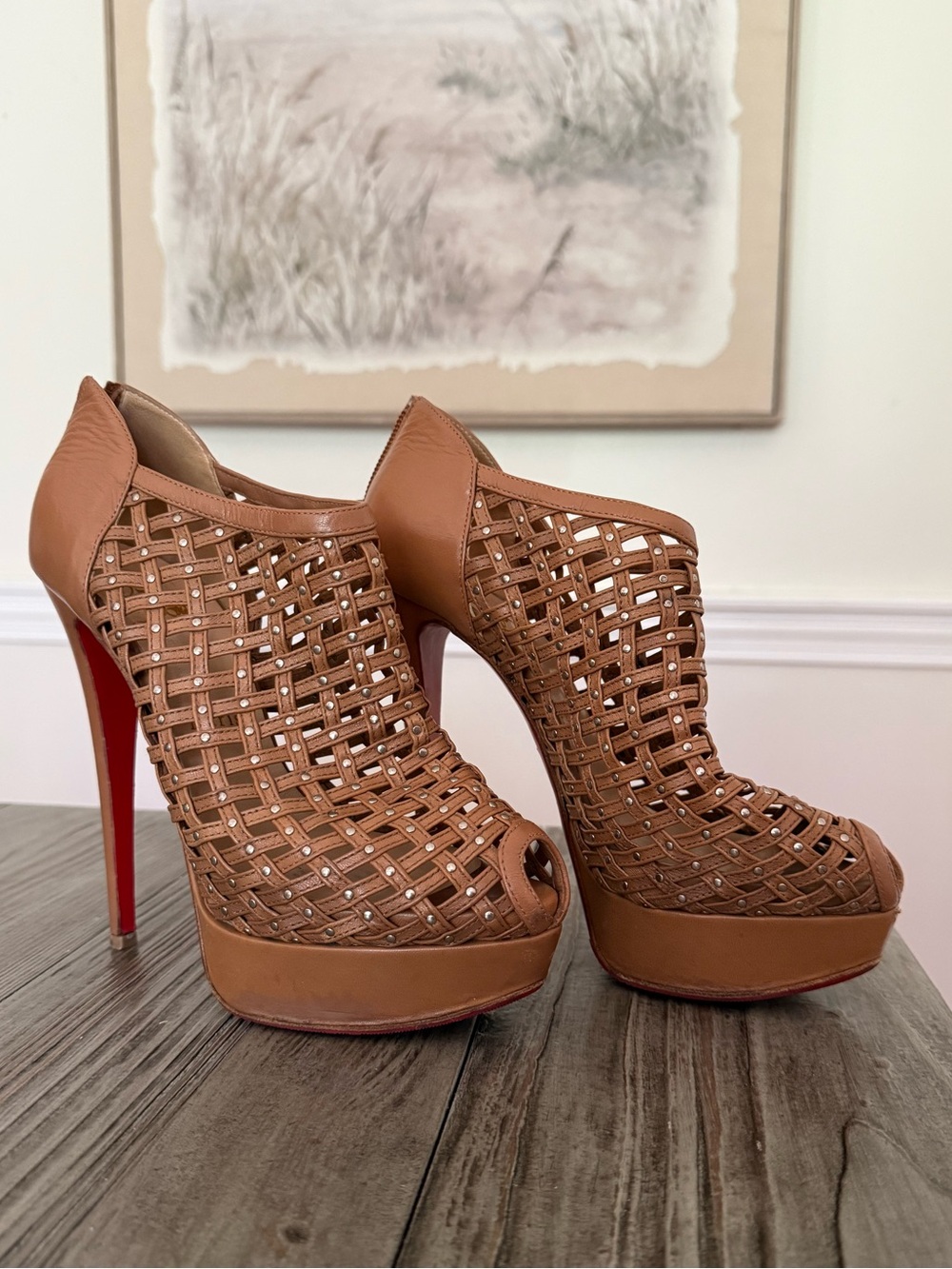 Christian Louboutin Caged Leather Peep-Toe Stiletto Heels